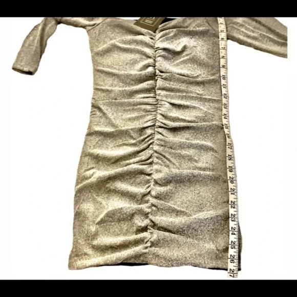 Lurux Long Sleeve Shimmering Silver Off Shoulder Bodycon Dress S L - Picture 4 of 7